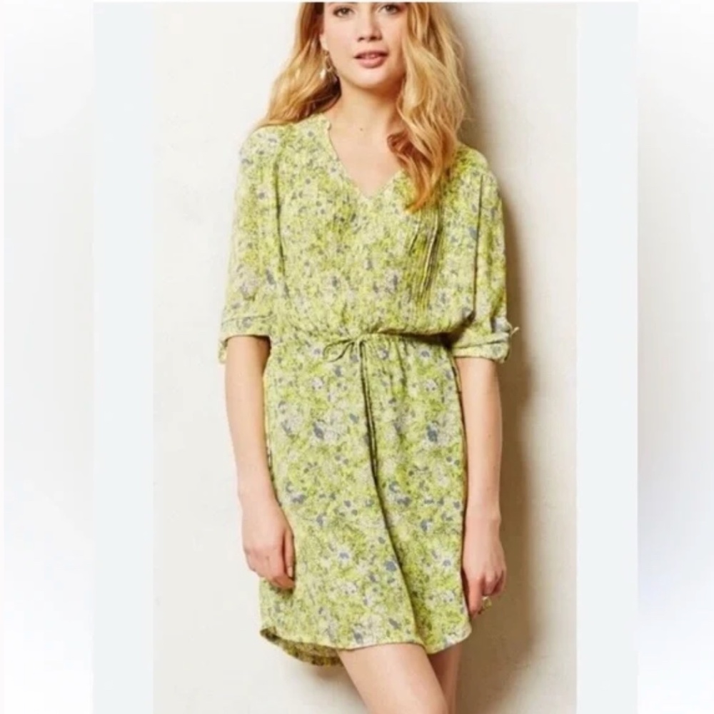 Maeve Anthropologie Galen Ray of Sunshine Yellow Blue Floral Print Dress Size M